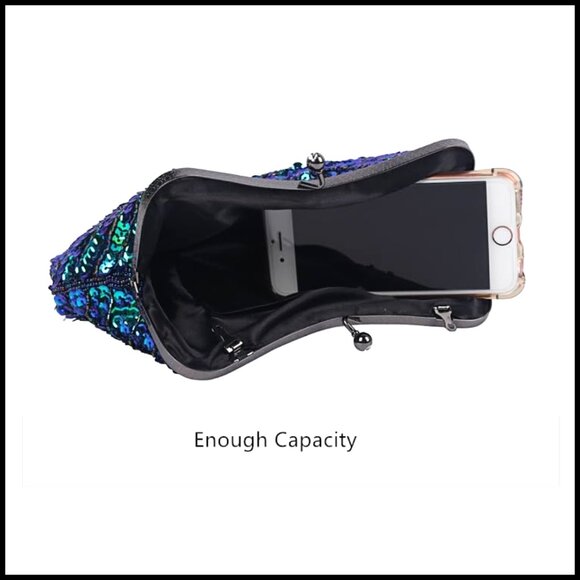 Sequined Evening Clutch Elegant Vintage Peacock Design Kiss Lock Party Purse